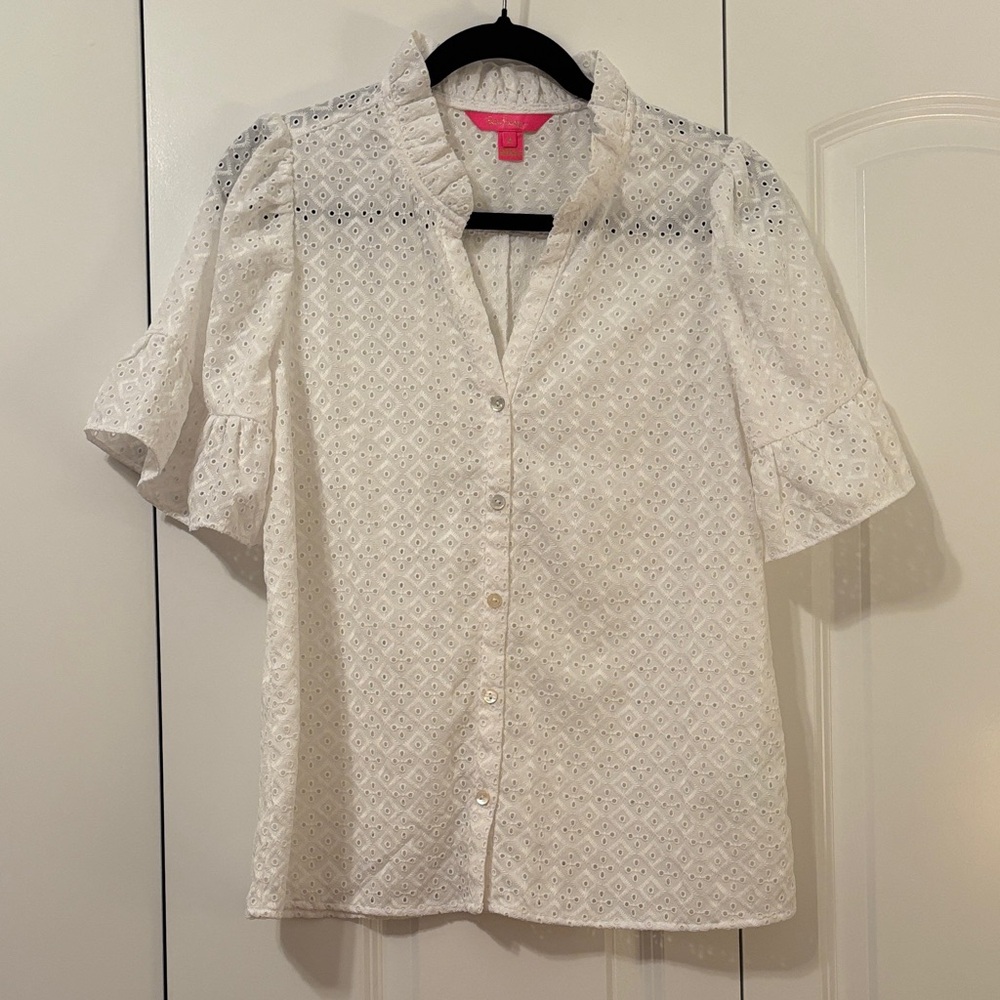 Lilly Pulitzer White Eyelet Button-Up Blouse, size 8
